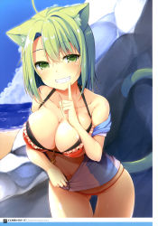 Rule 34 | 1girl, absurdres, ahoge, animal ears, artist name, asymmetrical bangs, bikini, bikini top only, blue sky, breasts, cat ears, cat tail, collarbone, cowboy shot, day, dodome-iro mayonnaise, frilled bikini, frilled bikini top, frills, gluteal fold, green eyes, green hair, grin, hair between eyes, highres, index finger raised, large breasts, leaning forward, looking at viewer, navel, off shoulder, original, outdoors, page number, red bikini, short hair, sky, smile, solo, standing, swimsuit, tail, thigh gap