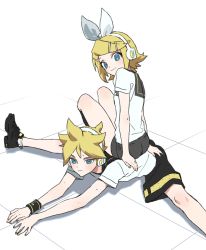 Rule 34 | 1boy, 1girl, :3, alternate sleeve length, black collar, black footwear, black shorts, blonde hair, blue eyes, bow, brother and sister, collar, full body, hair bow, hair ornament, hairclip, headphones, headset, kagamine len, kagamine rin, looking at another, lying, nail polish, naoko (naonocoto), on stomach, sailor collar, school uniform, shirt, shoes, short hair, short ponytail, short shorts, short sleeves, shorts, siblings, sitting, sitting on person, sneakers, spiked hair, split, spread legs, sweat, swept bangs, twins, vocaloid, white background, white bow, white shirt, wristband, yellow nails