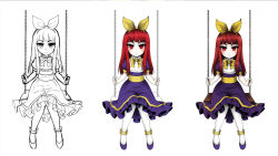 Rule 34 | 1girl, bow, clea (clea), clea (game), concept art, dress, hair bow, highres, invertmouse, monochrome, official art, pale skin, purple dress, purple footwear, red eyes, red hair, sitting, swing, thighhighs, white background, white thighhighs, yellow bow