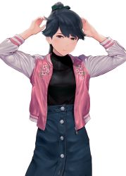 Rule 34 | 1girl, alternate costume, black eyes, black hair, black sweater, commentary request, cowboy shot, denim, denim skirt, high-waist skirt, highres, houshou (kancolle), jacket, kantai collection, letterman jacket, looking at viewer, multicolored jacket, ponytail, simple background, skirt, smile, solo, sweater, two-tone jacket, wa (genryusui), white background