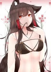 Rule 34 | 1girl, akagi (azur lane), animal ears, azur lane, blush, breasts, brown hair, cleavage, eyeliner, eyeshadow, fox ears, fox girl, hair in own mouth, highres, kitsune, kyuubi, large breasts, long hair, looking at viewer, makeup, mouth hold, multiple tails, red eyes, samip, slit pupils, smile, solo, swimsuit, tail, upper body, very long hair