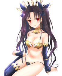 Rule 34 | 1girl, bare shoulders, black hair, breasts, crown, earrings, fate/grand order, fate (series), hair ribbon, highres, hoop earrings, ishtar (fate), ishtar (fate), jewelry, long hair, looking at viewer, medium breasts, navel, red eyes, ribbon, simple background, single thighhigh, smile, solo, thighhighs, thighs, tohsaka rin, two side up, uonuma yuu, white background