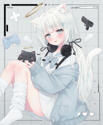 Rule 34 | 1girl, absurdres, animal, animal ears, ass, blue eyes, blush, bottomless, bow, cardigan, cat, cat ears, cat girl, cat tail, commentary, controller, detached wings, fang, feet out of frame, game controller, gun, hair ornament, hair ribbon, hairclip, halo, headphones, headphones around neck, health bar, heart, highres, holding, holding animal, holding cat, long hair, looking at viewer, loose socks, low twintails, mini wings, no shoes, off shoulder, open mouth, original, ribbon, sailor collar, shano hiyori, shirt, sitting, socks, solo, symbol-only commentary, tail, twintails, very long hair, weapon, white hair, wings