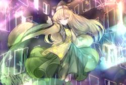 Rule 34 | 1girl, black hat, blonde hair, commentary request, door, doorway, green skirt, hat, highres, huang li ling, light, long hair, long skirt, long sleeves, looking at viewer, matara okina, multicolored background, open door, outstretched arm, skirt, solo, tabard, touhou, wide sleeves, yellow eyes