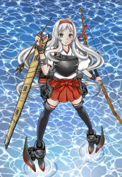 Rule 34 | 10s, 1girl, afloat, antenna hair, archery, bow (weapon), brown eyes, commentary request, flight deck, hachimaki, hakama, hakama short skirt, hakama skirt, headband, highres, holding, japanese clothes, kantai collection, kyuudou, long hair, looking at viewer, machinery, muneate, ocean, outdoors, parted lips, pleated skirt, roshiakouji-chan, shoukaku (kancolle), silver hair, skirt, solo, thighhighs, weapon, zettai ryouiki