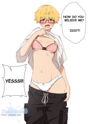 Rule 34 | 1girl, absurdres, black shorts, blonde hair, blush, bow, bow panties, bra, breasts, cargo shorts, clothes lift, clothes pull, commentary, english commentary, english text, fang, gluteal fold, green eyes, hand in pocket, highres, looking at viewer, mole, mole on breast, original, panties, pink bra, red-framed eyewear, self exposure, semi-rimless eyewear, shirt, shirt lift, short hair, shorts, shorts pull, small breasts, solo, speech bubble, sweat, sweatdrop, tomboy, under-rim eyewear, underwear, watermark, web address, white panties, white shirt, zekky monzz