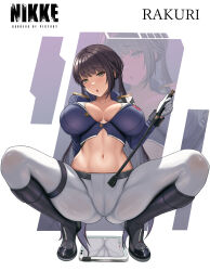 Rule 34 | 1girl, :o, absurdres, artist name, ass, belt, black belt, black footwear, black jacket, blush, boots, breasts, brown eyes, brown hair, cleavage, collarbone, commentary request, crop top, cropped jacket, epaulettes, full body, gloves, goddess of victory: nikke, highres, holding, holding riding crop, jacket, knee boots, large breasts, logo, long hair, long sleeves, looking at viewer, marciana (nikke), military jacket, military uniform, navel, open mouth, pants, partial commentary, partially unbuttoned, rakuri (rwrn5475), riding crop, sidelocks, spread legs, squatting, stomach, tablet pc, tight clothes, tight pants, uniform, very long hair, white gloves, white pants, zoom layer