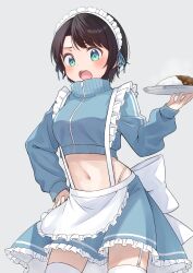 Rule 34 | 1girl, absurdres, apron, black hair, blue eyes, blue jacket, blue ribbon, blue skirt, blush, breasts, crop top, curry, curry rice, food, furuneo10, grey background, hair ribbon, hand on own hip, highres, holding, holding plate, hololive, jacket, jersey maid, long sleeves, looking at viewer, maid, maid apron, maid headdress, navel, oozora subaru, open mouth, plate, ribbon, rice, short hair, simple background, skirt, solo, steam, swept bangs, teeth, tongue, track jacket, unconventional maid, upper teeth only, virtual youtuber, zipper
