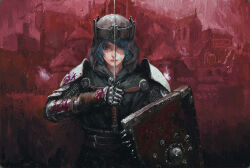 1girl absurdres armor blood blood_on_clothes blue_eyes blue_hair building chainmail closed_mouth helm helmet highres holding holding_shield holding_sword holding_weapon looking_at_viewer original shield solo sword weapon xianggang_jizhe