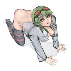 Rule 34 | 1girl, all fours, ass, bottomless, breasts, goggles, goggles on head, green eyes, green hair, gumi, gumi (v3 megpoid), matching hair/eyes, no panties, open clothes, open shirt, riftgarret, shirt, short hair, solo, striped clothes, striped thighhighs, thighhighs, vocaloid