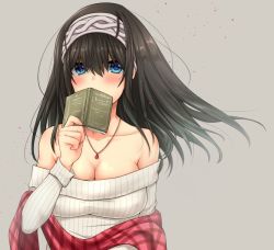 Rule 34 | 10s, 1girl, bare shoulders, blue eyes, book, breasts, covered mouth, hairband, idolmaster, idolmaster cinderella girls, jewelry, kyuunosuke (lactis09), large breasts, long hair, necklace, ribbed sweater, sagisawa fumika, scarf, solo, sweater