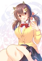 Rule 34 | 1girl, :d, animal ears, azur lane, black skirt, black socks, blush, bow, bowtie, breasts, brown eyes, brown hair, cardigan, collared shirt, commentary request, fingernails, hair between eyes, hair ornament, hairclip, head tilt, kneehighs, large breasts, long hair, looking at viewer, low twintails, mizukoshi mayu, \\n/, nagara (azur lane), nail polish, open mouth, pink nails, pleated skirt, red bow, red bowtie, shirt, sitting, skirt, smile, socks, solo, teeth, twintails, upper teeth only, white shirt