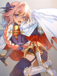 Rule 34 | 1boy, astolfo (fate), black thighhighs, braid, cape, fang, fate/apocrypha, fate/grand order, fate (series), garter straps, hair ribbon, long hair, looking at viewer, male focus, open mouth, otuming, pink hair, purple eyes, ribbon, single braid, smile, solo, thighhighs, trap