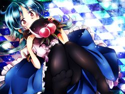 Rule 34 | 1girl, bad anatomy, bad feet, black pantyhose, blue hair, blush stickers, buttons, checkered floor, covering own mouth, dress shirt, food, foreshortening, fruit, hat, hinanawi tenshi, holding, holding clothes, holding hat, koinohito, leg up, light particles, looking at viewer, lying, on back, on floor, pantyhose, peach, red eyes, shirt, short hair, short sleeves, sidelocks, solo, touhou, unworn hat, unworn headwear