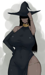 Rule 34 | black dress, black hair, bracelet, breasts, curvy, dark skin, detached sleeves, dress, expressionless, fujou joshi, hat, hidden eyes, hime cut, huge breasts, jewelry, lips, lipstick, makeup, navel, neckly (fujou joshi), panties, thick thighs, thighs, underwear, witch, witch hat