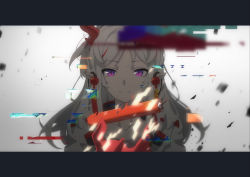 Rule 34 | 1girl, arknights, candle, chinese commentary, closed mouth, colored skin, dadijiji, dragon horns, earrings, glitch, gradient background, grey background, highres, horns, jewelry, letterboxed, long hair, looking at viewer, multicolored hair, nian (arknights), pointy ears, purple eyes, red hair, red skin, simple background, slit pupils, smile, solo, streaked hair, tassel, tassel earrings, two-tone hair, upper body, white hair