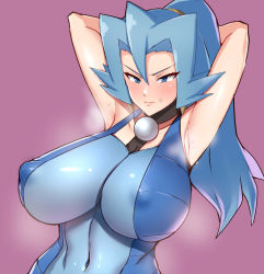 Rule 34 | 1girl, armpits, arms up, blue eyes, blue hair, blush, bodysuit, breasts, clair (pokemon), covered erect nipples, covered navel, creatures (company), game freak, highres, large breasts, miga (migao), nintendo, pokemon, pokemon hgss, ponytail, purple background, solo, steam, sweat, upper body