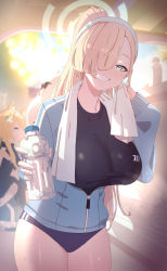 Rule 34 | 2girls, absurdres, alternate costume, asuna (blue archive), blue archive, blue eyes, bottle, breasts, buruma, grin, gym uniform, hair over one eye, halo, highres, holding, holding bottle, jacket, large breasts, light brown hair, long hair, looking at viewer, mari (blue archive), mari (track) (blue archive), multiple girls, official alternate costume, okoru ringo, partially unzipped, ponytail, smile, solo focus, sweat, towel, track jacket, water bottle