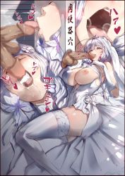 Rule 34 | 1boy, 1girl, agovitch, azur lane, blue eyes, breasts, censored, cum, cum in mouth, dress, closed eyes, fellatio, gloves, hetero, illustrious (azur lane), large breasts, long hair, low twintails, mosaic censoring, nipples, open mouth, oral, penis, sequential, thighhighs, tongue, tongue out, twintails, wedding dress, white dress, white gloves, white hair, zettai ryouiki