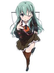 Rule 34 | 10s, 1girl, :p, absurdres, ascot, brown skirt, brown thighhighs, clothes lift, foreshortening, frilled skirt, frills, from above, green hair, hair ornament, hairclip, highres, kantai collection, kanzaki sora, leaning forward, long hair, looking at viewer, one eye closed, pleated skirt, school uniform, simple background, skirt, skirt lift, solo, suzuya (kancolle), thighhighs, tongue, tongue out, white background