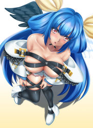 Rule 34 | 1girl, :o, bare shoulders, black thighhighs, blue hair, breasts, cleavage, dizzy (guilty gear), from above, guilty gear, highres, large breasts, long hair, parted lips, red eyes, simple background, solo, tama (tamakaka1031), thighhighs, very long hair, white background