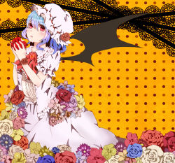 Rule 34 | 1girl, apple, ascot, bat wings, bitten apple, blue flower, blue hair, blue rose, brooch, daisy, fingernails, flower, food, food bite, fruit, hat, hat flower, highres, jewelry, jing jiu, juice, looking at viewer, mob cap, nail polish, orange background, orchid, parted lips, polka dot, polka dot background, red eyes, red flower, red nails, red rose, remilia scarlet, rose, sharp fingernails, short hair, short sleeves, skirt, skirt set, solo, touhou, white flower, white rose, wings, wrist flower