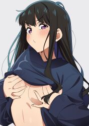 Rule 34 | 1girl, black hair, black vest, blush, breasts, commentary request, covering breasts, covering privates, hands up, highres, inoue takina, long hair, long sleeves, looking at viewer, lycoris recoil, medium breasts, puckered lips, purple eyes, sakura 1110ssmm, simple background, solo, upper body, v-shaped eyebrows, vest, vest lift, white background