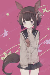 Rule 34 | 1girl, animal ears, bad id, bad pixiv id, black hair, black sailor collar, black skirt, blue eyes, blush, bow, brown cardigan, cardigan, closed mouth, collarbone, commentary request, floral background, flower, hair flower, hair ornament, hairband, hairclip, highres, horse ears, horse girl, horse tail, long sleeves, looking at viewer, nishino flower (umamusume), pleated skirt, purple background, red bow, red flower, red hairband, risu (ritharte), sailor collar, school uniform, serafuku, short hair, skirt, sleeves past fingers, sleeves past wrists, smile, solo, tail, umamusume, x hair ornament