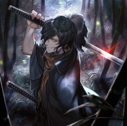 Rule 34 | 1boy, black hair, commentary request, fate/grand order, fate (series), from above, grin, hair over one eye, holding, holding sword, holding weapon, japanese clothes, kanashiki, katana, long hair, long sleeves, looking at viewer, male focus, multiple swords, okada izou (fate), ponytail, scarf, smile, solo, sword, weapon, yellow eyes