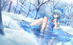 Rule 34 | 1girl, bathing, blue dress, blue eyes, blue hair, cirno, dress, forest, highres, ice, ice wings, looking at viewer, matching hair/eyes, md5 mismatch, mochi (chain csn), nature, pond, puffy short sleeves, puffy sleeves, reflection, resolution mismatch, shirt, short sleeves, snow, snowing, solo, source larger, touhou, wings, winter