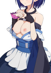 Rule 34 | 1girl, bare shoulders, blue hair, breasts, closed mouth, commentary request, dress, fujishima mikoto, gloves, head out of frame, highres, medium breasts, morisobo, nipples, obi, sash, short hair, simple background, single glove, solo, sweat, white background, wide sleeves, wixoss