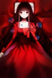 Rule 34 | 1girl, aya drevis, bow, brown hair, choker, dress, facing viewer, flower, kananono, mad father, pale skin, red background, red choker, red dress, red eyes, simple background, white bow