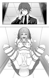 Rule 34 | absurdres, adjusting eyewear, character watermark, comic, crossover, egg vibrator, formal, gag, greyscale, highres, monochrome, nipples, sex toy, suit, tagme, topless, underwear, underwear only, vibrator, wiffle gag