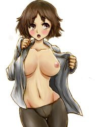 Rule 34 | 1girl, blush, breasts, brown eyes, brown hair, female focus, navel, nipples, open clothes, open mouth, open shirt, pantyhose, shirt, short hair, simple background, solo, tachi, undressing, white background