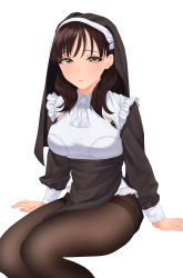 Rule 34 | 1girl, absurdres, amane a (007 uiro), bad id, bad pixiv id, black hair, black pantyhose, breasts, frills, highres, long hair, looking at viewer, mole, mole under eye, nun, original, pantyhose, simple background, sitting, solo, thighband pantyhose, veil, white background, yellow eyes