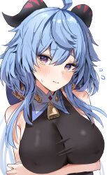 Rule 34 | 1girl, ahoge, bare shoulders, blue hair, blush, bodystocking, breasts, commentary request, ganyu (genshin impact), genshin impact, head tilt, highres, horn/wood, horns, large breasts, long hair, looking at viewer, purple eyes, simple background, solo, upper body, white background