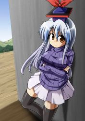 Rule 34 | 1girl, against wall, alternate costume, black thighhighs, blue hair, breasts, brown eyes, crossed arms, female focus, hat, kamishirasawa keine, kousei (public planet), large breasts, long hair, publicplanet, ribbed sweater, skirt, solo, sweater, thighhighs, touhou, zettai ryouiki
