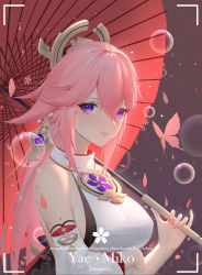 Rule 34 | 1girl, arm under breasts, bare shoulders, blush, bug, butterfly, character name, detached sleeves, eyebrows hidden by hair, fingernails, genshin impact, hair between eyes, hair ornament, heart-heavenly5, highres, holding, holding umbrella, insect, japanese clothes, long fingernails, long hair, long sleeves, looking at viewer, mole, mole under eye, nail polish, oil-paper umbrella, parted lips, petals, pink hair, pink nails, purple eyes, smile, soap bubbles, solo, umbrella, upper body, viewfinder, vision (genshin impact), yae miko