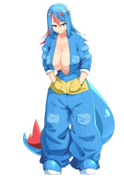 Rule 34 | &gt;:), 1girl, baggy pants, blue footwear, blue hair, breast pocket, breasts, cleavage, collarbone, creatures (company), fangs, female focus, feraligatr, full body, game freak, gen 2 pokemon, hair between eyes, hands in pockets, highres, huge breasts, jumpsuit, long hair, looking at viewer, multicolored hair, navel, nintendo, pants, personification, pocket, pokemon, red hair, shoes, short eyebrows, solo, standing, tail, toudori, tsurime, two-tone hair, v-shaped eyebrows, white background, yellow eyes