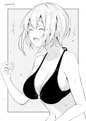 Rule 34 | 1girl, ^ ^, bikini, breasts, cleavage, closed eyes, closed eyes, greyscale, kichihachi, large breasts, laughing, monochrome, open mouth, original, short hair, solo, swimsuit, teeth, twitter username, upper body, upper teeth only, wet