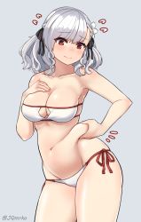Rule 34 | 1girl, armpits, bare arms, bare shoulders, belly grab, bikini, black ribbon, blush, braid, breasts, cleavage, closed mouth, collarbone, commentary request, contrapposto, cowboy shot, flying sweatdrops, french braid, girls&#039; frontline, grey background, groin, hair ribbon, hand on own chest, hand up, highres, large breasts, looking down, love handles, manme, navel, nose blush, official alternate costume, plump, red eyes, ribbon, short hair, side-tie bikini bottom, simple background, solo, spas-12 (girls&#039; frontline), spas-12 (midsummer fruit) (girls&#039; frontline), standing, stomach, swimsuit, twitter username, wavy hair, wavy mouth, weight conscious, white bikini, white hair