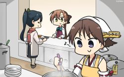 Rule 34 | 3girls, akigumo (kancolle), apron, black hair, brown hair, commentary request, cooking, counter, dated, detached sleeves, closed eyes, flipped hair, green eyes, hair ribbon, hakama, hakama skirt, hamu koutarou, headgear, hiei (kancolle), high ponytail, highres, houshou (kancolle), japanese clothes, kantai collection, kappougi, kimono, ladle, long hair, multiple girls, one-hour drawing challenge, pantyhose, plate, ponytail, pot, purple eyes, ribbon, ribbon-trimmed sleeves, ribbon trim, school uniform, short hair, skirt, smile, yellow apron