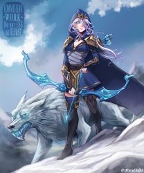 Rule 34 | 1girl, animal, armor, arrow (projectile), ashe (league of legends), black footwear, blue cape, blue skirt, boots, bow (weapon), cape, cloud, day, english text, grey hair, hair between eyes, high heels, highres, hood, hood up, league of legends, long hair, long sleeves, outdoors, quiver, shinaa (maddynshinaa), shoulder armor, skirt, thigh boots, thighhighs, weapon, white eyes, wolf