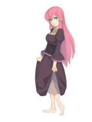 Rule 34 | 1girl, aqua eyes, barefoot, breasts, cleavage, clothes lift, corset, dress, dress lift, highres, kuroko (piii), large breasts, long hair, looking at viewer, megurine luka, pink hair, sidelocks, simple background, skirt, smile, solo, thighhighs, vocaloid, white background