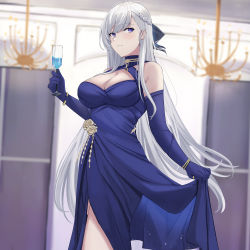 Rule 34 | 1girl, azur lane, bare shoulders, belfast (azur lane), belfast (the noble attendant) (azur lane), blue dress, blurry, blurry background, braid, breasts, choker, cleavage, closed mouth, clothes lift, criss-cross halter, dress, drink, elbow gloves, evening gown, french braid, gloves, grey hair, halter dress, halterneck, highres, indoors, large breasts, long dress, long hair, looking to the side, purple eyes, ref (pmxt4483), side slit, sideways glance, skirt, skirt lift, swept bangs, very long hair