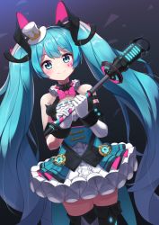 Rule 34 | 1girl, aqua eyes, aqua hair, arm strap, bare shoulders, black bow, black thighhighs, blush, bow, bowtie, center frills, closed mouth, cowboy shot, dark background, dress, dutch angle, facial mark, frilled dress, frills, gloves, hair bow, hat, hatsune miku, highres, holding, holding microphone, layered dress, long hair, looking at viewer, microphone, mini hat, mini top hat, mk82 (hoonsyh), pink bow, pink bowtie, ribbon trim, sleeveless, sleeveless dress, smile, solo, thighhighs, top hat, triangle, twintails, very long hair, vocaloid, white gloves, white hat, wrist cuffs, zettai ryouiki