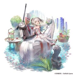 Rule 34 | 1girl, ash arms, bare shoulders, basket, blue flower, breasts, character request, cleavage, collarbone, copyright notice, cupcake, dress, flower, flower on liquid, food, grey hair, hair flower, hair ornament, highres, horse, looking at viewer, official art, open mouth, pantyhose, pink flower, red eyes, ritsuki, sitting, small breasts, solo, statue, table, tiered tray, twintails, water, watermark, white dress, white flower, white pantyhose, wisteria