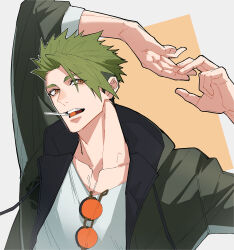 Rule 34 | 1boy, absurdres, achilles (fate), alternate costume, candy, collarbone, eating, fate/grand order, fate (series), food, green hair, green jacket, haruakira, highres, jacket, lollipop, looking at viewer, male focus, open clothes, open jacket, orange-tinted eyewear, shirt, short hair, smile, solo, tinted eyewear, undercut, unworn eyewear, yellow eyes