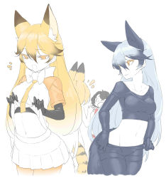 Rule 34 | 0 0, 10s, 4girls, :o, absurdres, animal ears, bad id, bad pixiv id, blonde hair, bow, bowtie, breasts, clothes lift, crop top, ezo red fox (kemono friends), fox ears, fox girl, fox tail, gradient hair, highres, kaban (kemono friends), kemono friends, long hair, long sleeves, medium breasts, midriff, multicolored hair, multiple girls, navel, neko7, open mouth, panties, panty pull, pantyhose, pleated skirt, serval (kemono friends), serval print, serval tail, shirt lift, silver fox (kemono friends), silver hair, simple background, skirt, small breasts, smile, tail, two-tone hair, underwear, undressing, wavy mouth, white background