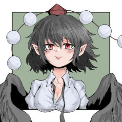 Rule 34 | 1girl, bird wings, black hair, black wings, border, breasts, cleavage, collared shirt, covered erect nipples, fe (tetsu), green background, hat, looking at viewer, medium breasts, necktie, pointy ears, pom pom (clothes), red eyes, red hat, shameimaru aya, shirt, short hair, simple background, solo, tokin hat, tongue, tongue out, touhou, undone necktie, upper body, white border, wings